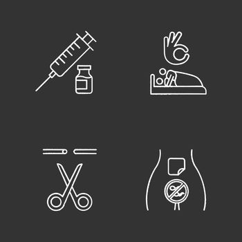 Safe sex chalk icons set. Vaccination. Sex with partner consent. Sterilisation, vasectomy. Medical procedure. Fallopian tubes cut. Contraceptive patch. Isolated vector chalkboard illustrations