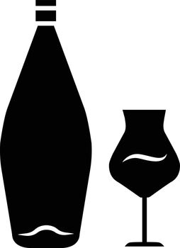 Wine glyph icon. Alcohol bar. Bottle and wineglass. Alcoholic beverage. Restaurant service. Glassware for dessert madeira wine. Silhouette symbol. Negative space. Vector isolated illustration