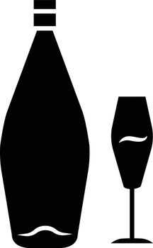 Wine glyph icon. Alcohol bar. Bottle and wineglass. Alcoholic beverage. Restaurant service. Glassware for dessert standard sweet wine. Silhouette symbol. Negative space. Vector isolated illustration