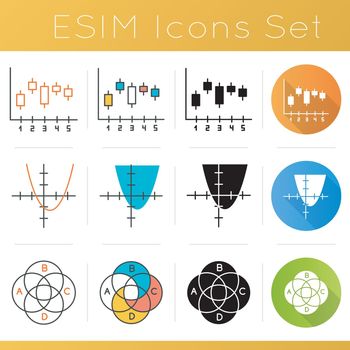 Chart and graph icons set. Function curve. Trigonometry and math. Candlestick chart. Box plot infographic. Venn diagram. Flat design, linear, black and color styles. Isolated vector illustrations