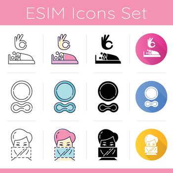 Safe sex icons set. Intercourse with consent. Partners, lovers. Contraceptive ring. Dental dams. Intimate relationship. Flat design, linear, black and color styles. Isolated vector illustrations