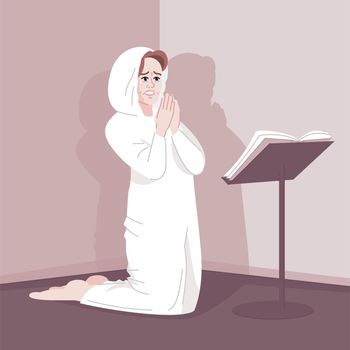 Spiritual obsession flat vector illustration. Religious dependence, mental disorder. Fanatic worshiper. Pious young woman kneeling, female believer praying passionately cartoon character