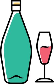 Wine turquoise color icon. Alcohol bar. Bottle and wineglass. Alcoholic beverage. Restaurant service. Glassware for dessert standard sweet wine. Isolated vector illustration