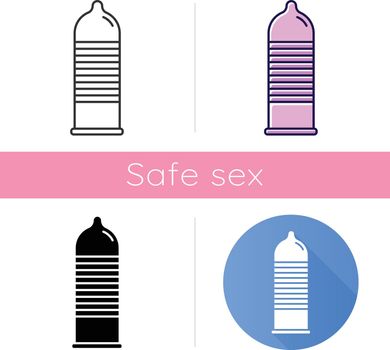 Ribbed condom icon. Female, male contraceptive for safe sex. Protected intercourse. Preservative. Pregnancy prevention. Flat design, linear and color styles. Isolated vector illustrations