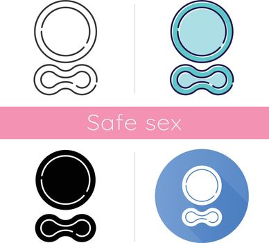 Contraceptive ring icon. Female preservative option. Vaginal product for safe sex. Healthy intercourse. Pregnancy prevention. Flat design, linear and color styles. Isolated vector illustrations