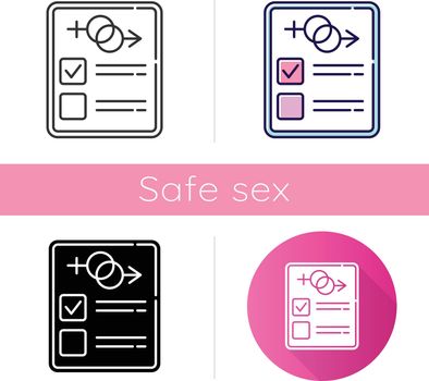 Sex test icon. Examination page. Male, female report. Gender determination and verification. Sexual preferance check. Safe sex. Flat design, linear and color styles. Isolated vector illustrations
