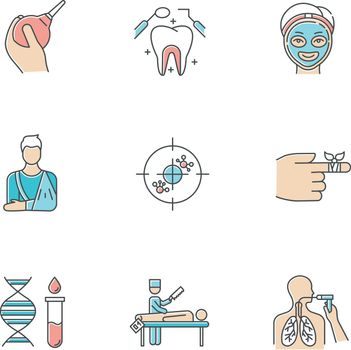 Medical procedures color icons set. Constipation aid. Healthcare. Orthopedic cast. Immunotherapy. Dental care. Cosmetology. Bandaging. Genetics. Autopsy. Bronchoscopy. Isolated vector illustrations