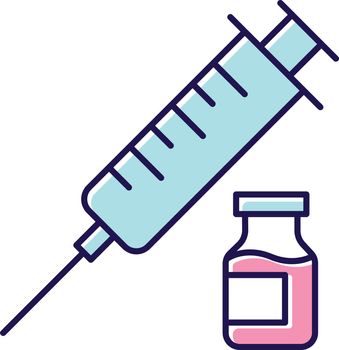 Vaccination color icon. Medical injection. Contraceptive syringe shot. HIV, hepatitis precaution procedure. Safe sex. Female, male healthcare. Pharmaceutical vial. Isolated vector illustration