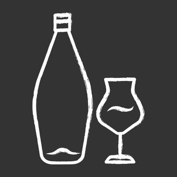 Wine chalk icon. Alcohol bar. Bottle and wineglass. Alcoholic beverage. Restaurant service. Glassware for dessert madeira wine. Isolated vector chalkboard illustration