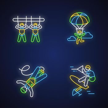 Air extreme sport neon light icons set. Giant swing, parachuting, bungee jumping and wakeboarding. Outdoor activities. Adrenaline entertainment and risky recreation. Vector isolated illustrations