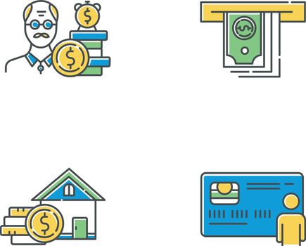 Credit color icons set. Borrowing from Retirement. Pension budget ivestment. Real estate credit. Home equity loan. Cash withdrawal from ATM. Personal credit card. Isolated vector illustrations