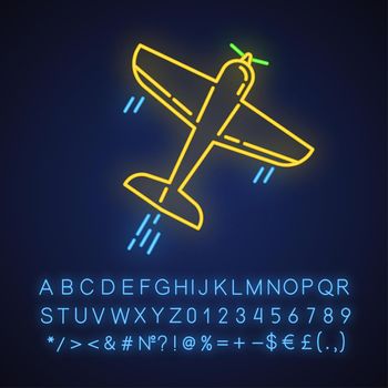 Aerobatics neon light icon. Aerobatic maneuvers and stunt flying. Airforce show with plane. Aviation, aircraft performance. Airplanes tricks. Glowing alphabet, numbers. Vector isolated illustration