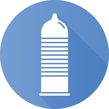 Ribbed condom blue flat design long shadow glyph icon. Female, male contraceptive for safe sex. Protected intercourse. Preservative. Pregnancy prevention, birth control. Vector silhouette illustration