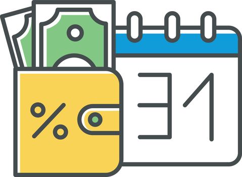 Credit money color icon. Payday loan. Currency in wallet. Tracking increseasing percentage rate income. Budget managment. Investment, income. Finances, economy. Isolated vector illustration