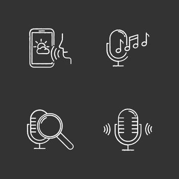 Sound request chalk icons set. Voice control system idea. Speech recognition technology. Voice controlled apps. Microphones, speakers, forecast app. Isolated vector chalkboard illustrations