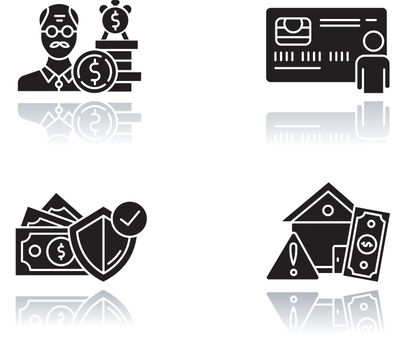 Credit drop shadow black glyph icons set. Borrowing from retirement. Credit insurance. Pension budget. Real estate credit. Home equity loan. Personal credit card. Isolated vector illustrations