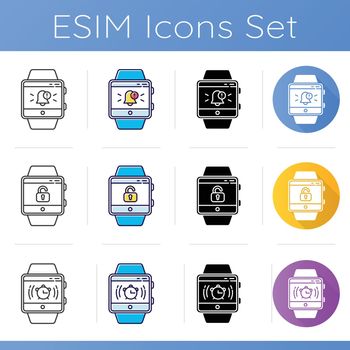 Fitness tracker functions icons set. Smartwatch capabilities. Modern device. Alarm clock, unlocking screen and push notifications. Linear, black and color styles. Isolated vector illustrations
