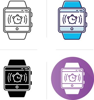 Alarm clock smartwatch function icon. Awaken from night sleep and short naps with sound and vibration. Fitness wristband capability. Flat design, linear and color styles. Isolated vector illustrations
