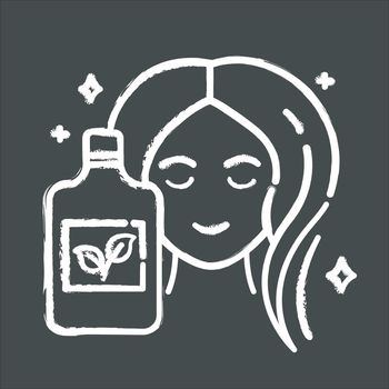 Natural shampoo bottle chalk icon. SLS, paraben free haircare product. Hygiene. Hypoallergenic, botanical based. Organic cosmetics. Isolated vector chalkboard illustration