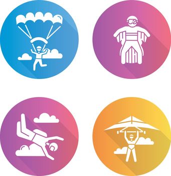 Air extreme sports flat design long shadow glyph icons set. Hang gliding, skydiving, wing suiting and paragliding. Adrenaline entertainment and risky recreation. Vector silhouette illustration