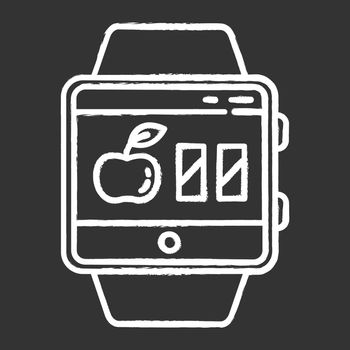 Calorie calculator smartwatch function chalk icon. Estimating calories to maintain, lose and gain weight. Fitness wristband capability and wellness service. Isolated vector chalkboard illustration