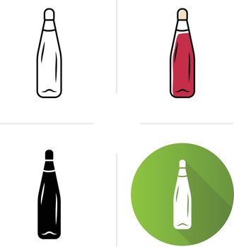 Alcohol beverage bottle with cork icons set. Party sweet aperitif drink. Bar, restaurant, winery tableware. Flat design, linear, black and color styles. Isolated vector illustrations