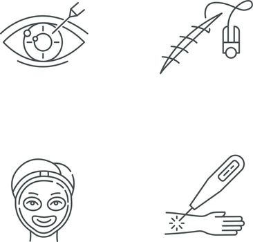 Medical procedure linear icons set. Vision correction. Stitching open wound. Cosmetology. Laser therapy. Thin line contour symbols. Isolated vector outline illustrations. Editable stroke