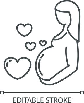 Pregnancy care linear icon. Prenatal period. Motherhood, parenthood. Expecting baby. Medical procedure. Thin line illustration. Contour symbol. Vector isolated outline drawing. Editable stroke