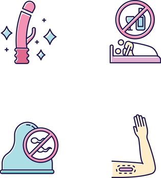 Safe sex color icons set. Clean sex toys. Sober intercourse with partner. Cervical cap. Barrier contraceptive. Healthcare, intimate hygiene. Contraceptive implant. Isolated vector illustrations