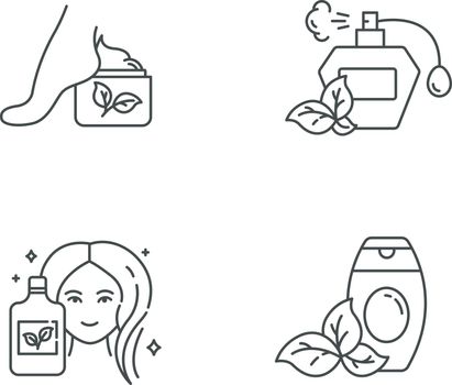 Organic cosmetics linear icons set. Foot cream, lotion. Perfume, fragrance. Shower gel. Shampoo. Skincare products. Thin line contour symbols. Isolated vector outline illustrations. Editable stroke