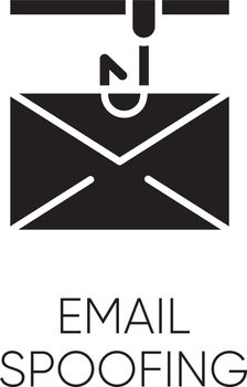 Email spoofing glyph icon. Illegitimate business. Forged sender. Online scam. Spamming. Fake email header. Mail phishing. Cybercrime. Silhouette symbol. Negative space. Vector isolated illustration