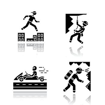 Extreme sports color drop shadow black glyph icons set. Parkour, traversing obstacles. Abseiling, rappelling. Alpinism, mountaineering. Caving, potholing. Spelunking. Isolated vector illustrations