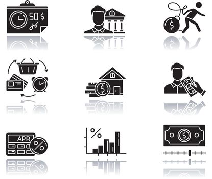 Credit drop shadow black glyph icons set. APR calculator. Financial increasing infographic. Home equity loan. Trading, retail. Revolving credit. Heavy credit card risk. Isolated vector illustrations