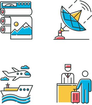 Industry types color icons set. Professional publishing. Telecommunication and broadcasting. Transport, vehicles. Hospitality industry. Travel services. Plane, ship. Isolated vector illustrations