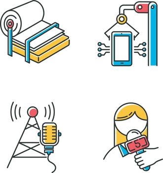 Industry types color icons set. Pulp and paper production. Electronics facility. Broadcasting tower. News and media. Information technology. Person with microphone. Isolated vector illustrations