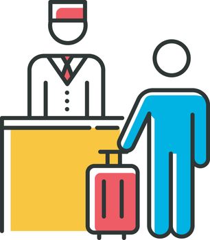 Hospitality industry color icon. Customer with suitcase. Tourist. Receptionist, concierge. Hotel management services. Reservation, checkout desk. Tourism business. Isolated vector illustration
