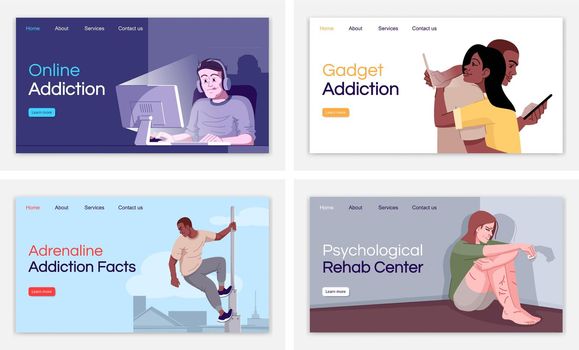 Addiction types landing page vector templates set. Psychological rehab center website interface idea with flat illustrations. Gadget addiction homepage layout. Web banner, webpage cartoon concept