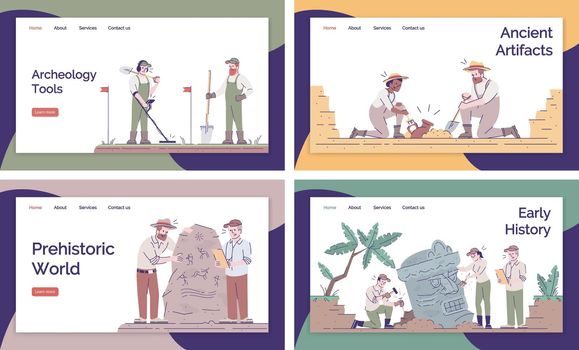 Archeology landing page vector template set. Archeological expedition website interface idea with flat illustrations. Historical researching homepage layout. Web banner, webpage cartoon concept
