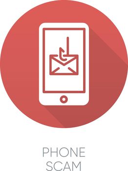 Phone scam red flat design long shadow glyph icon. Communications fraud. One-ring trick. Smishing, SMS phishing. Telephone scamming. Illegal money gain. Vector silhouette illustration