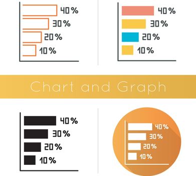 Horizontal histogram icon. Rising interest rate chart. Increasing graph bars. Diagram. Economical report. Business strategy. Flat design, linear and color styles. Isolated vector illustrations