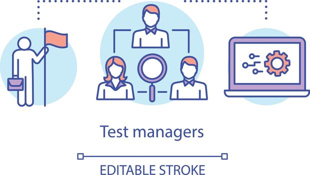 Test managers concept icon. Control and supervision idea thin line illustration. Software testing process. Indicating issues and problems. Vector isolated outline drawing. Editable stroke