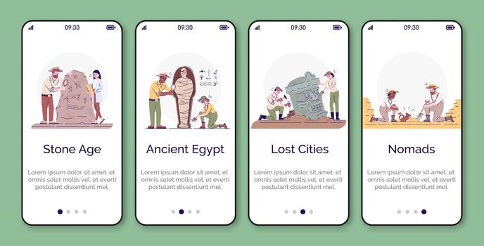 Archeology onboarding mobile app screen vector template. Historical field research. Walkthrough website steps with flat characters. UX, UI, GUI smartphone cartoon interface concept