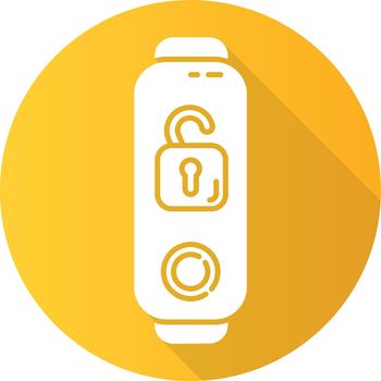 Fitness tracker with open padlock yellow flat design long shadow glyph icon. Wellness device with remote unlocking function. Digital device with security control option. Vector silhouette illustration