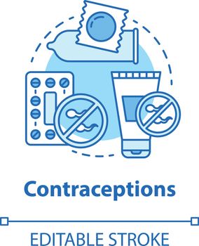 Contraceptions concept icon. Safe sex idea thin line illustration. Unwanted pregnancy prevention, hormone therapy, birth control. Condom, pills. Vector isolated outline drawing. Editable stroke
