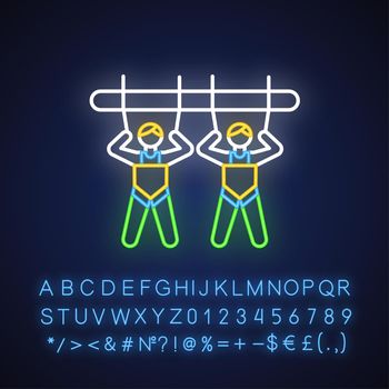 Mountain giant swing neon light icon. Amusement park attraction. Canyon swing. Adrenaline recreation. Extreme activity. Glowing sign with alphabet, numbers and symbols. Vector isolated illustration