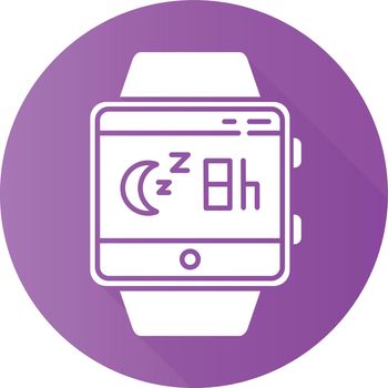 Sleep monitoring smartwatch function purple flat design long shadow glyph icon. Fitness wristband. Movement during sleep tracking, analyzing slumber habits. Vector silhouette illustration