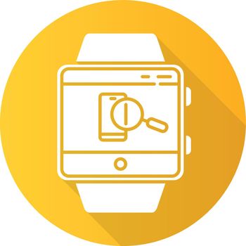 Find phone smartwatch function orange flat design long shadow glyph icon. Showing location of device and locking screen, sound alert. Fitness wristband. Vector silhouette illustration