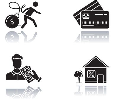 Credit drop shadow black glyph icons set. Bankrupcy danger from loan. Plastic credit card. Borrowing, lending money. Home equity loans. Economy, business, finances. Isolated vector illustrations