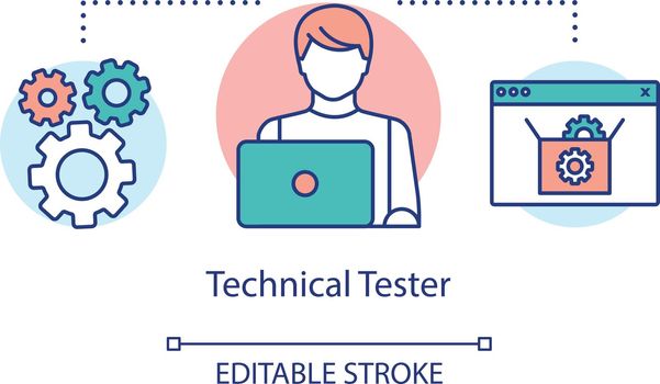 Technical tester concept icon. IT employee idea thin line illustration. Software testing specialist. Indicating issues and problems. Vector isolated outline drawing. Editable stroke
