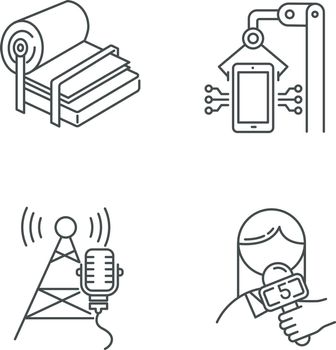 Industry types linear icons set. Pulp and paper production. Electronics facility. Broadcasting tower. News and media. Thin line contour symbols. Isolated vector outline illustrations. Editable stroke